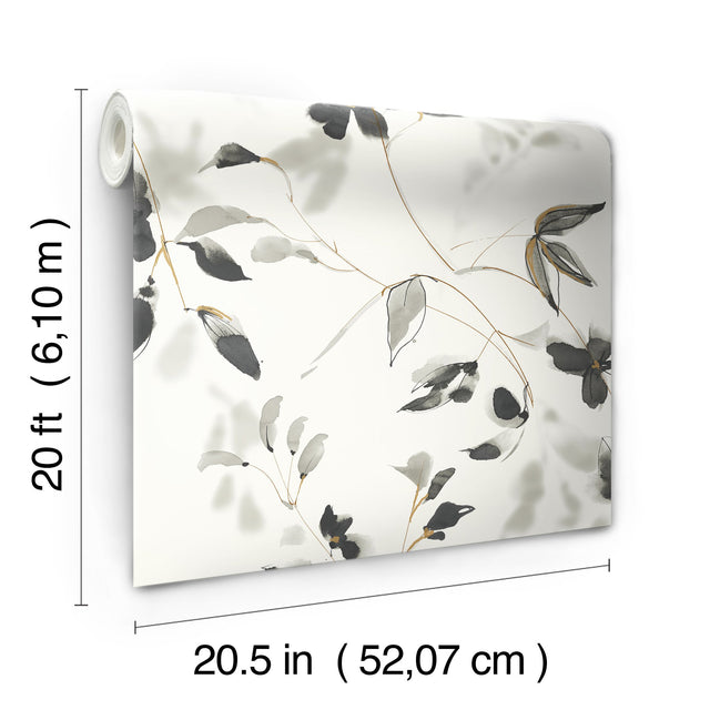 Linden Flower Black Premium Peel & Stick Wallpaper with Botanical Watercolor Vines - York PSW1103RL