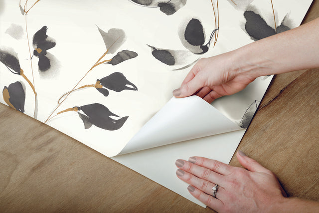 Linden Flower Black Premium Peel & Stick Wallpaper with Botanical Watercolor Vines - York PSW1103RL