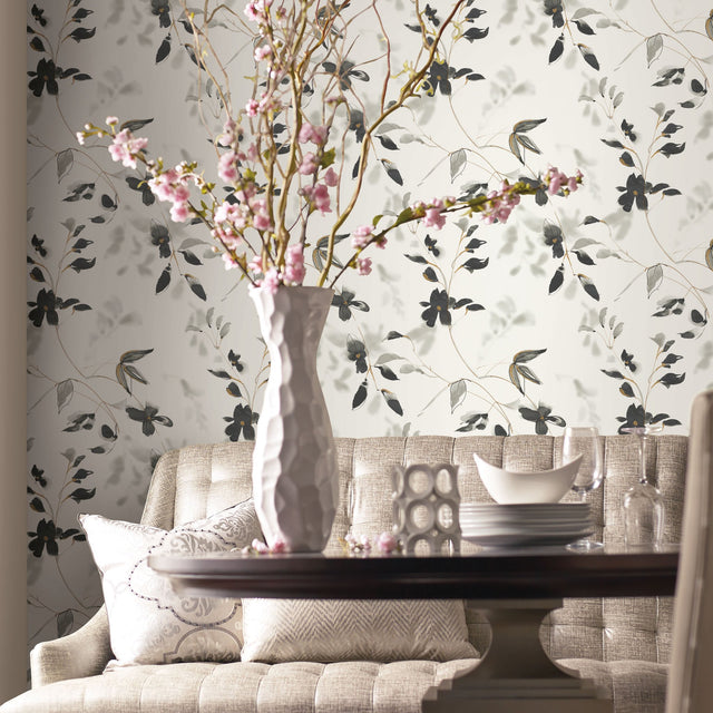 Linden Flower Black Premium Peel & Stick Wallpaper with Botanical Watercolor Vines - York PSW1103RL