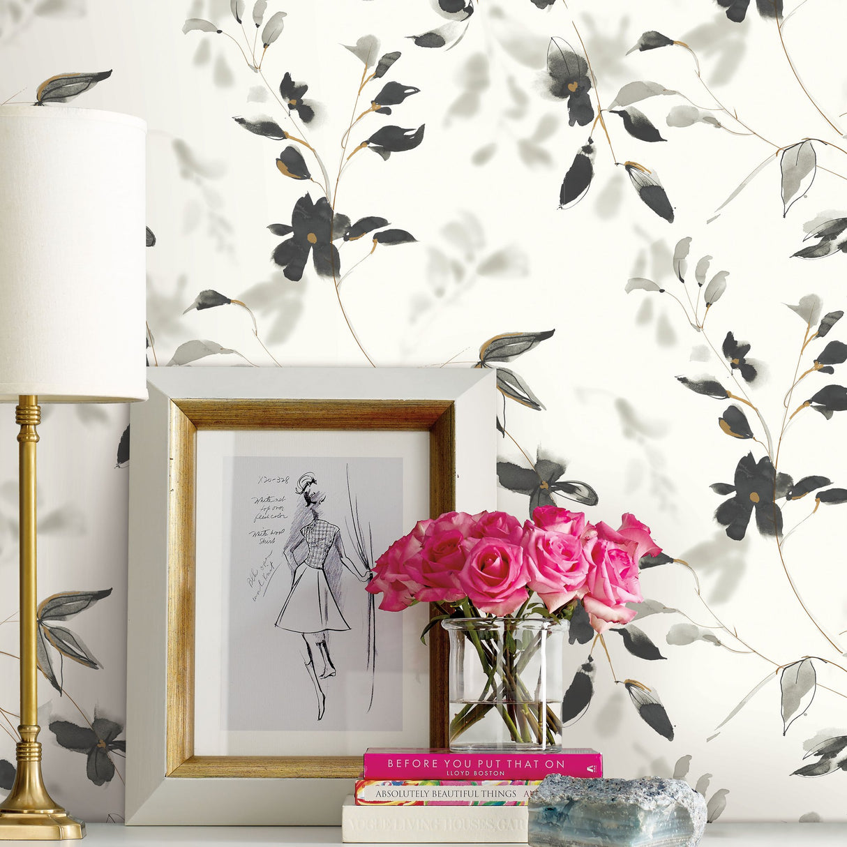Linden Flower Black Premium Peel & Stick Wallpaper with Botanical Watercolor Vines - York PSW1103RL