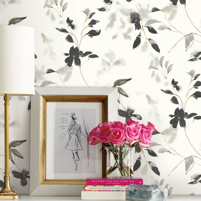 Linden Flower Black Premium Peel & Stick Wallpaper with Botanical Watercolor Vines - York PSW1103RL