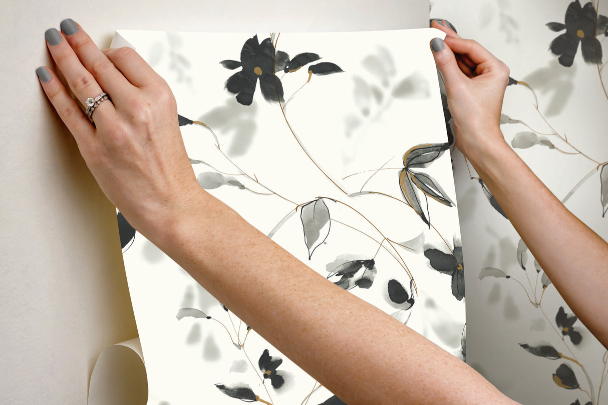 Linden Flower Black Premium Peel & Stick Wallpaper with Botanical Watercolor Vines - York PSW1103RL