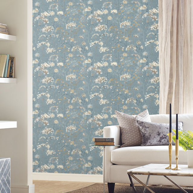 Botanical Fantasy Blue & Beige Peel & Stick Wallpaper with Botanical Floral Pattern - York PSW1106RL