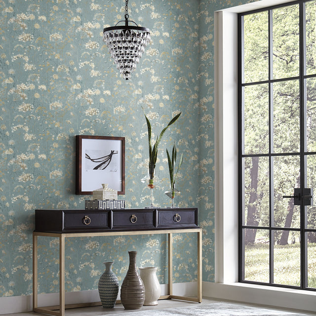 Botanical Fantasy Blue & Beige Peel & Stick Wallpaper with Botanical Floral Pattern - York PSW1106RL