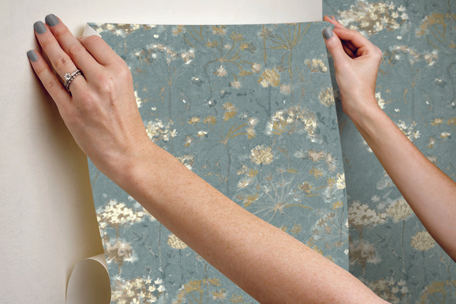 Botanical Fantasy Blue & Beige Peel & Stick Wallpaper with Botanical Floral Pattern - York PSW1106RL