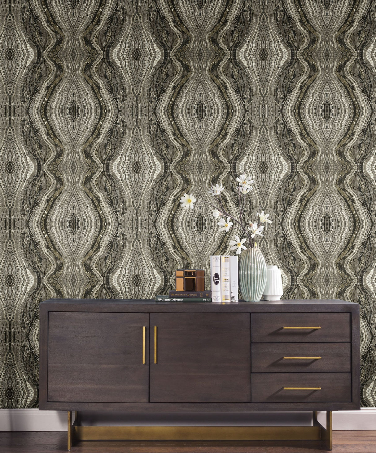 Kaleidoscope Dark Grey Peel & Stick Wallpaper with Bohemian Geode Pattern - York PSW1110RL