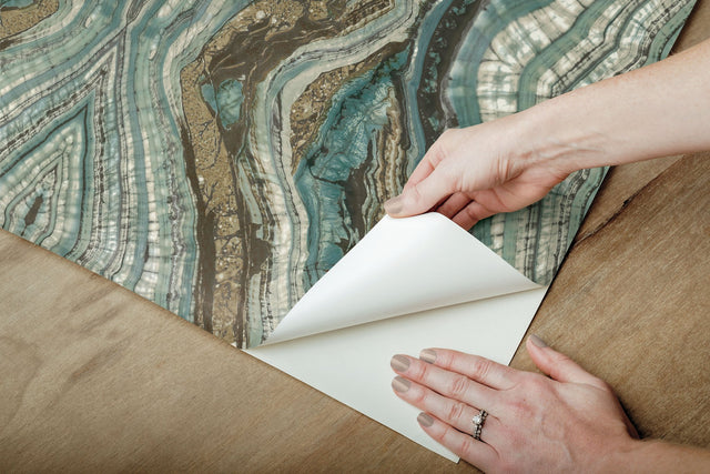 Kaleidoscope Teal Peel & Stick Wallpaper with Bohemian Geode Marble Motif - York PSW1112RL