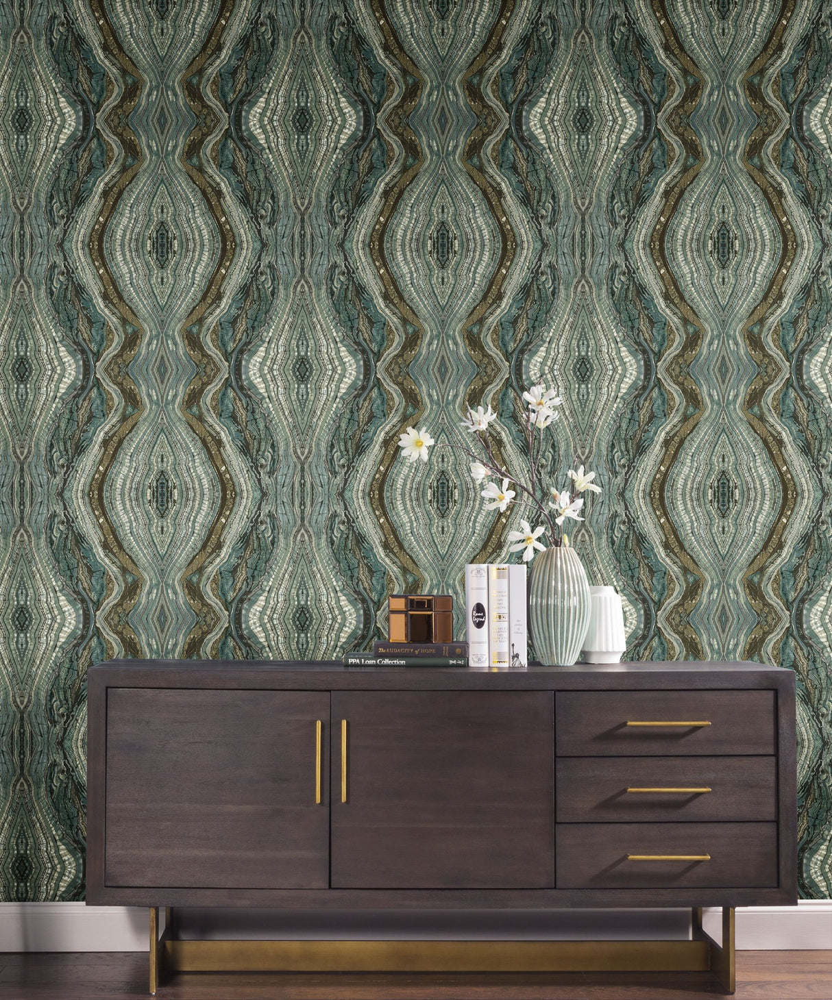 Kaleidoscope Teal Peel & Stick Wallpaper with Bohemian Geode Marble Motif - York PSW1112RL