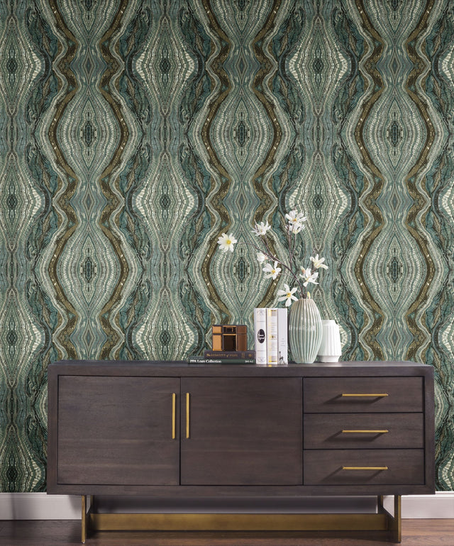 Kaleidoscope Teal Peel & Stick Wallpaper with Bohemian Geode Marble Motif - York PSW1112RL