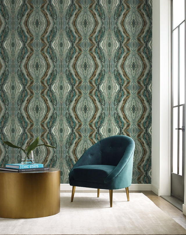 Kaleidoscope Teal Peel & Stick Wallpaper with Bohemian Geode Marble Motif - York PSW1112RL