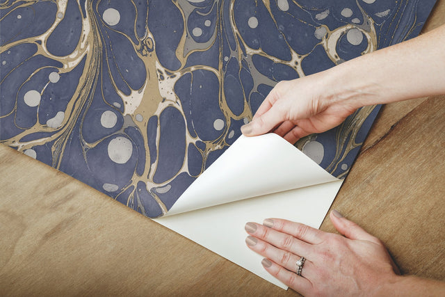 Marbled Endpaper Navy Peel & Stick Wallpaper with Bohemian Marbled Pattern - York PSW1114RL