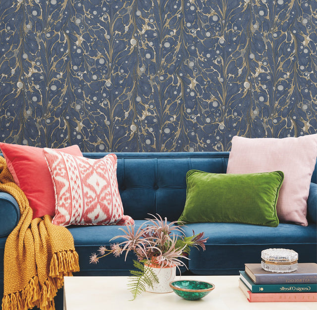 Marbled Endpaper Navy Peel & Stick Wallpaper with Bohemian Marbled Pattern - York PSW1114RL