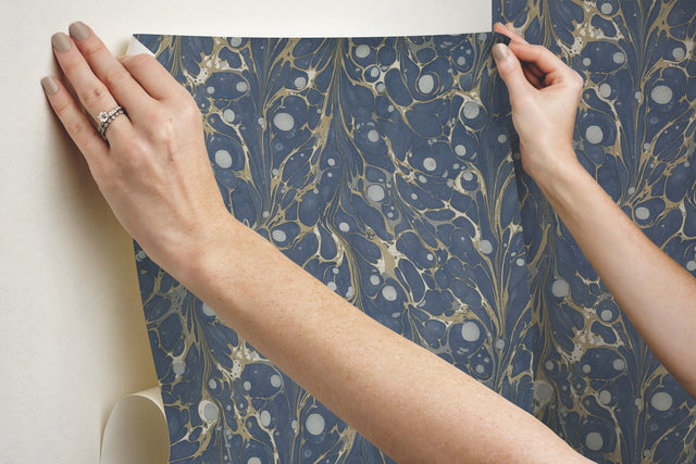 Marbled Endpaper Navy Peel & Stick Wallpaper with Bohemian Marbled Pattern - York PSW1114RL