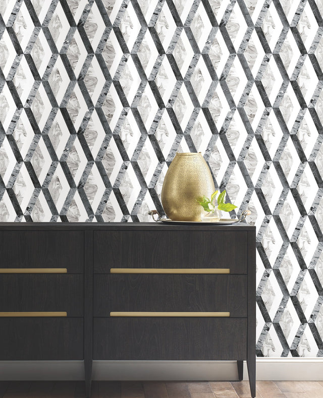 Statuary Diamond Inlay Grey Peel & Stick Wallpaper with Geometric Diamond Pattern - York PSW1116RL