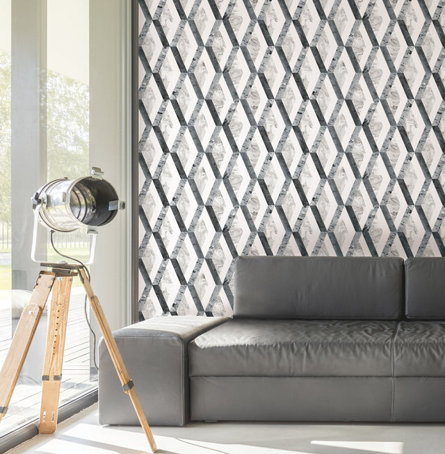 Statuary Diamond Inlay Grey Peel & Stick Wallpaper with Geometric Diamond Pattern - York PSW1116RL