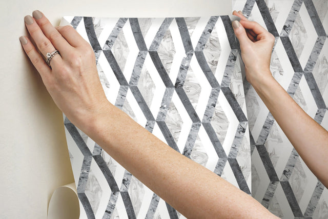 Statuary Diamond Inlay Grey Peel & Stick Wallpaper with Geometric Diamond Pattern - York PSW1116RL