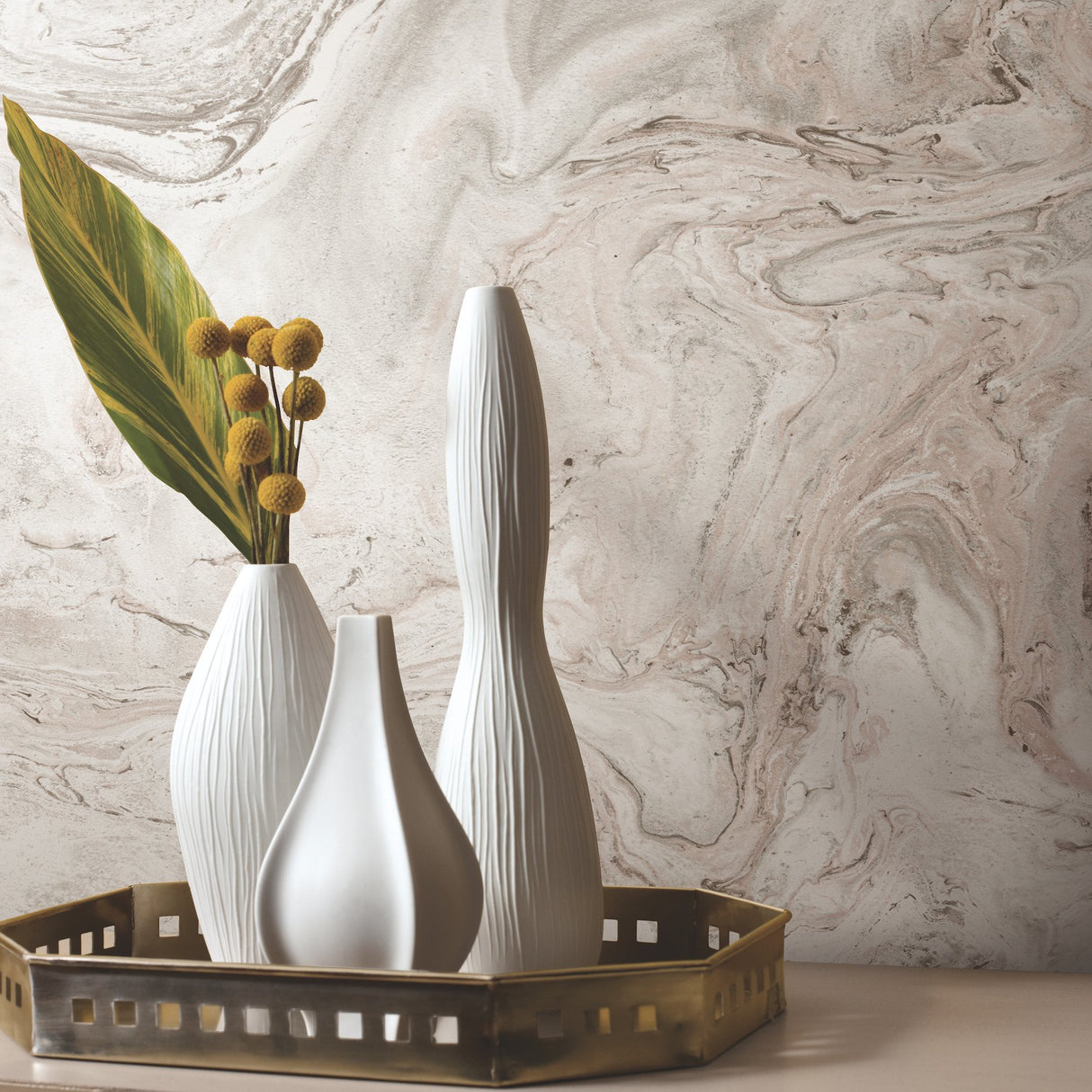 Oil & Marble Clay & Taupe Peel & Stick Wallpaper with Bohemian Marble Pattern - York PSW1125RL