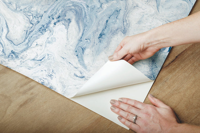 Oil & Marble Blue Premium Peel & Stick Wallpaper with Bohemian Marble Pattern - York PSW1126RL