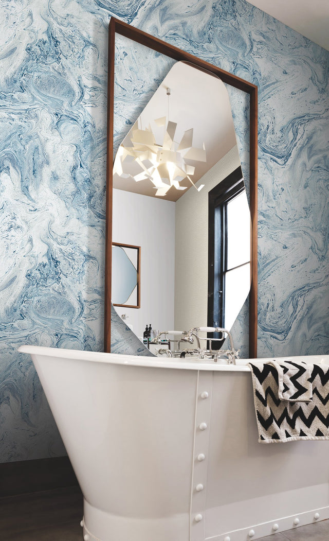 Oil & Marble Blue Premium Peel & Stick Wallpaper with Bohemian Marble Pattern - York PSW1126RL