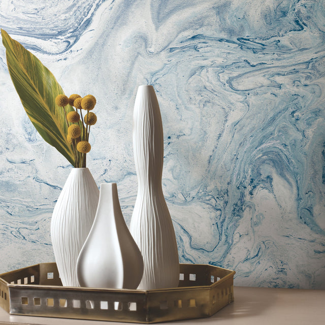 Oil & Marble Blue Premium Peel & Stick Wallpaper with Bohemian Marble Pattern - York PSW1126RL