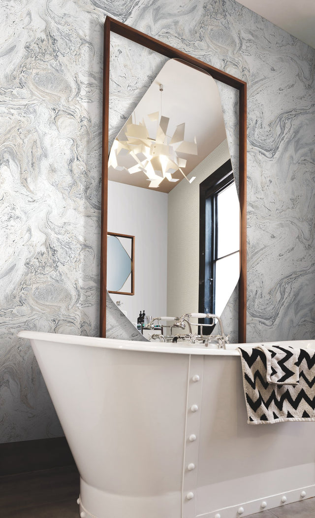 Oil & Marble White & Grey Peel & Stick Wallpaper, Matte Non-Woven Abstract Marble Pattern - York PSW1127RL