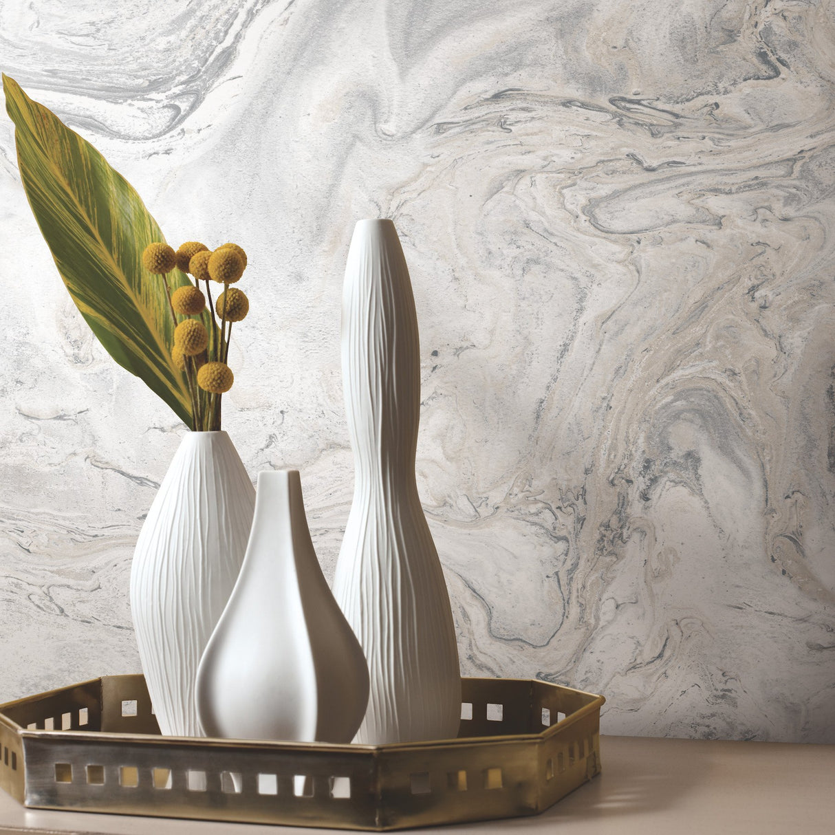 Oil & Marble White & Grey Peel & Stick Wallpaper, Matte Non-Woven Abstract Marble Pattern - York PSW1127RL