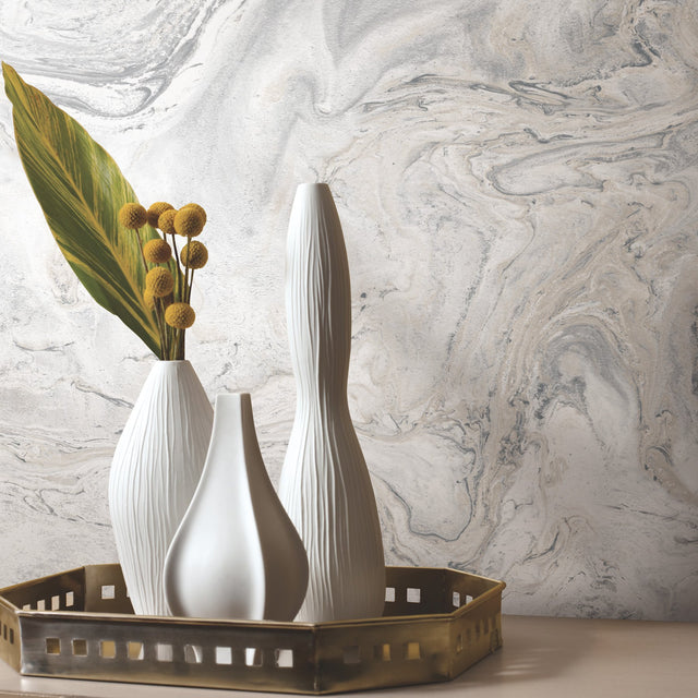 Oil & Marble White & Grey Peel & Stick Wallpaper, Matte Non-Woven Abstract Marble Pattern - York PSW1127RL