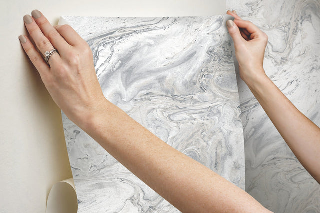 Oil & Marble White & Grey Peel & Stick Wallpaper, Matte Non-Woven Abstract Marble Pattern - York PSW1127RL