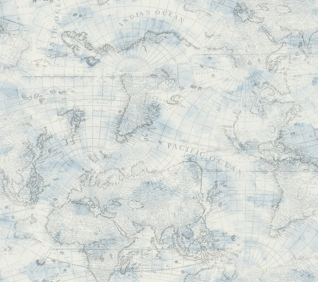 Coastal Map Blue & Grey Peel & Stick Wallpaper with Nautical Map Pattern - York PSW1131RL
