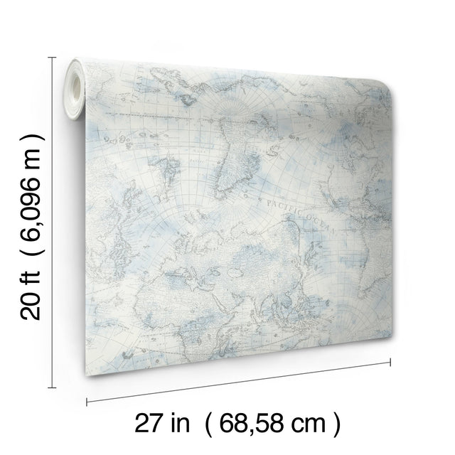 Coastal Map Blue & Grey Peel & Stick Wallpaper with Nautical Map Pattern - York PSW1131RL