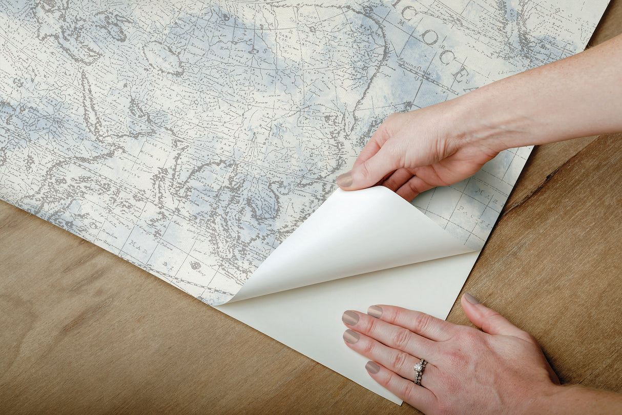 Coastal Map Blue & Grey Peel & Stick Wallpaper with Nautical Map Pattern - York PSW1131RL
