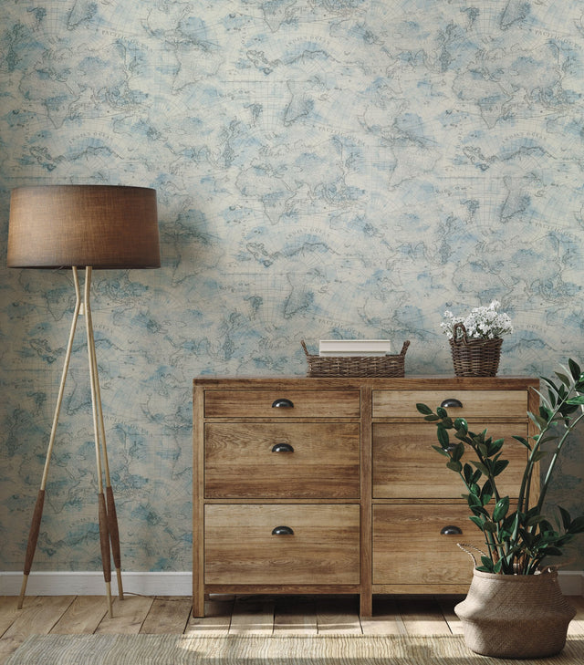 Coastal Map Blue & Grey Peel & Stick Wallpaper with Nautical Map Pattern - York PSW1131RL