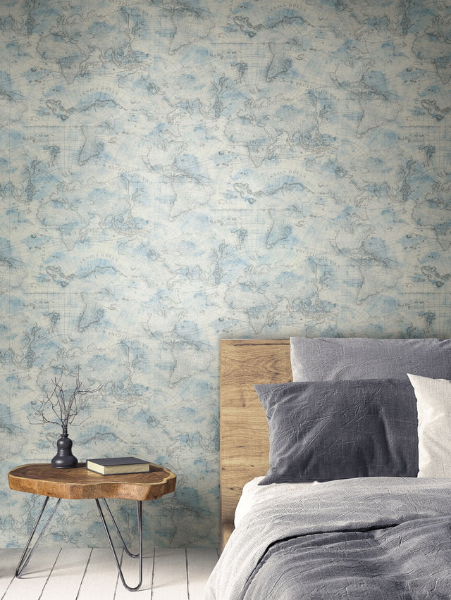 Coastal Map Blue & Grey Peel & Stick Wallpaper with Nautical Map Pattern - York PSW1131RL