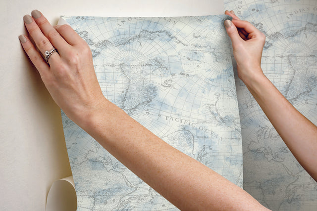 Coastal Map Blue & Grey Peel & Stick Wallpaper with Nautical Map Pattern - York PSW1131RL