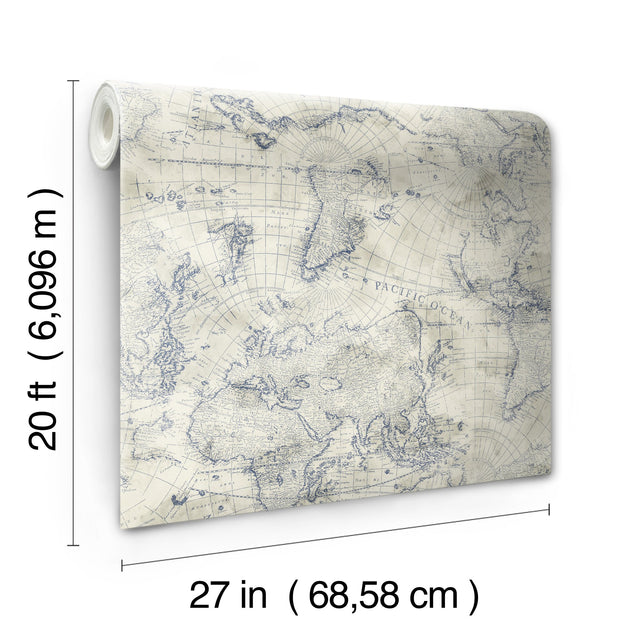 Coastal Map Blue & Beige Peel & Stick Wallpaper with Nautical Map Motif - York PSW1132RL