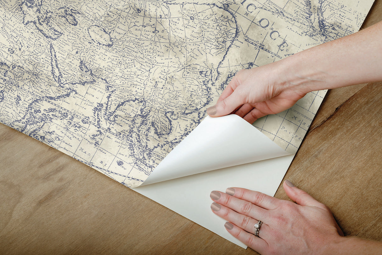 Coastal Map Blue & Beige Peel & Stick Wallpaper with Nautical Map Motif - York PSW1132RL