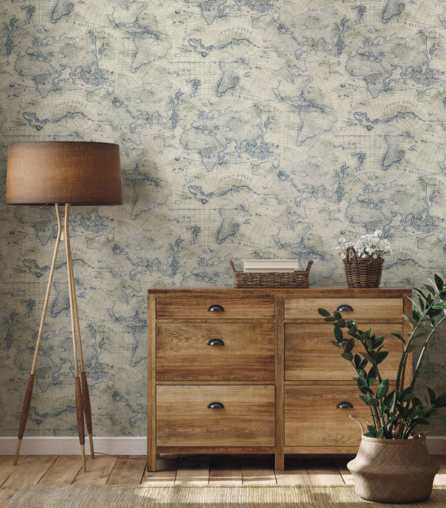 Coastal Map Blue & Beige Peel & Stick Wallpaper with Nautical Map Motif - York PSW1132RL