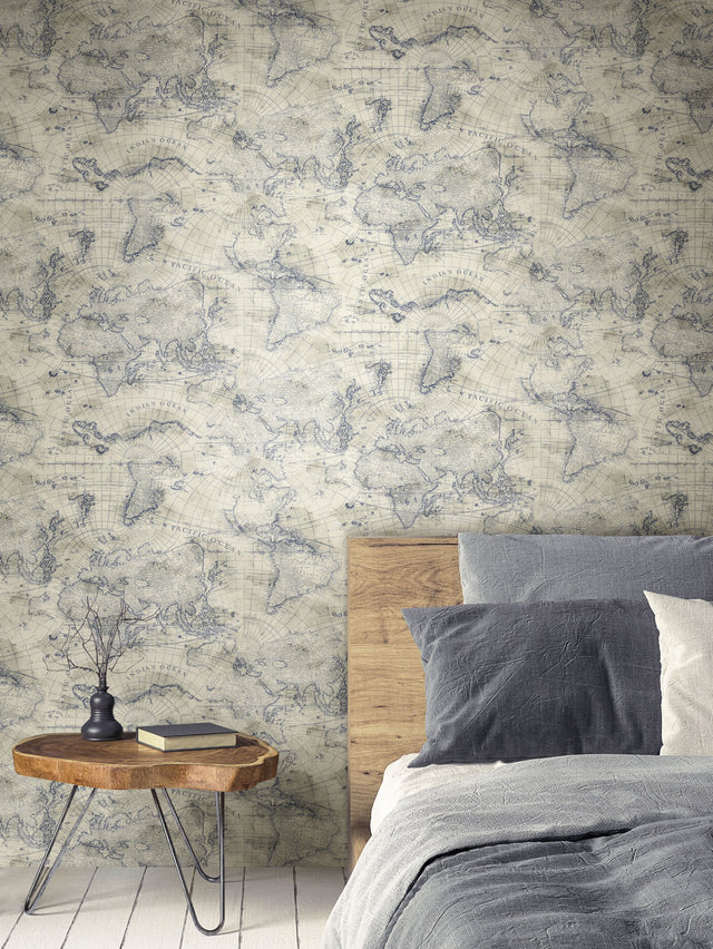 Coastal Map Blue & Beige Peel & Stick Wallpaper with Nautical Map Motif - York PSW1132RL