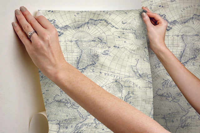 Coastal Map Blue & Beige Peel & Stick Wallpaper with Nautical Map Motif - York PSW1132RL