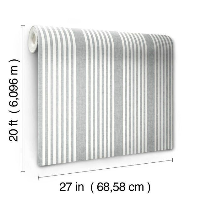 French Linen Stripe Grey Peel & Stick Wallpaper with Linen-Textured Stripe Motif - York PSW1133RL