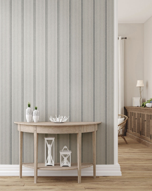 French Linen Stripe Grey Peel & Stick Wallpaper with Linen-Textured Stripe Motif - York PSW1133RL