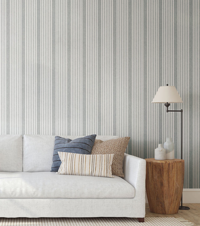 French Linen Stripe Grey Peel & Stick Wallpaper with Linen-Textured Stripe Motif - York PSW1133RL
