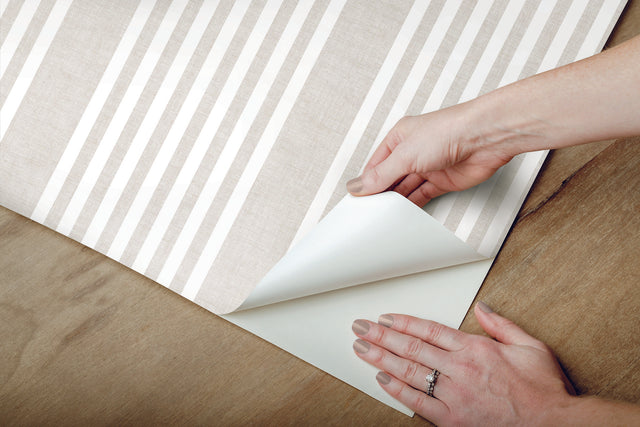 French Linen Stripe Off White Peel & Stick Wallpaper with Coastal Linen Stripe Pattern - York PSW1134RL