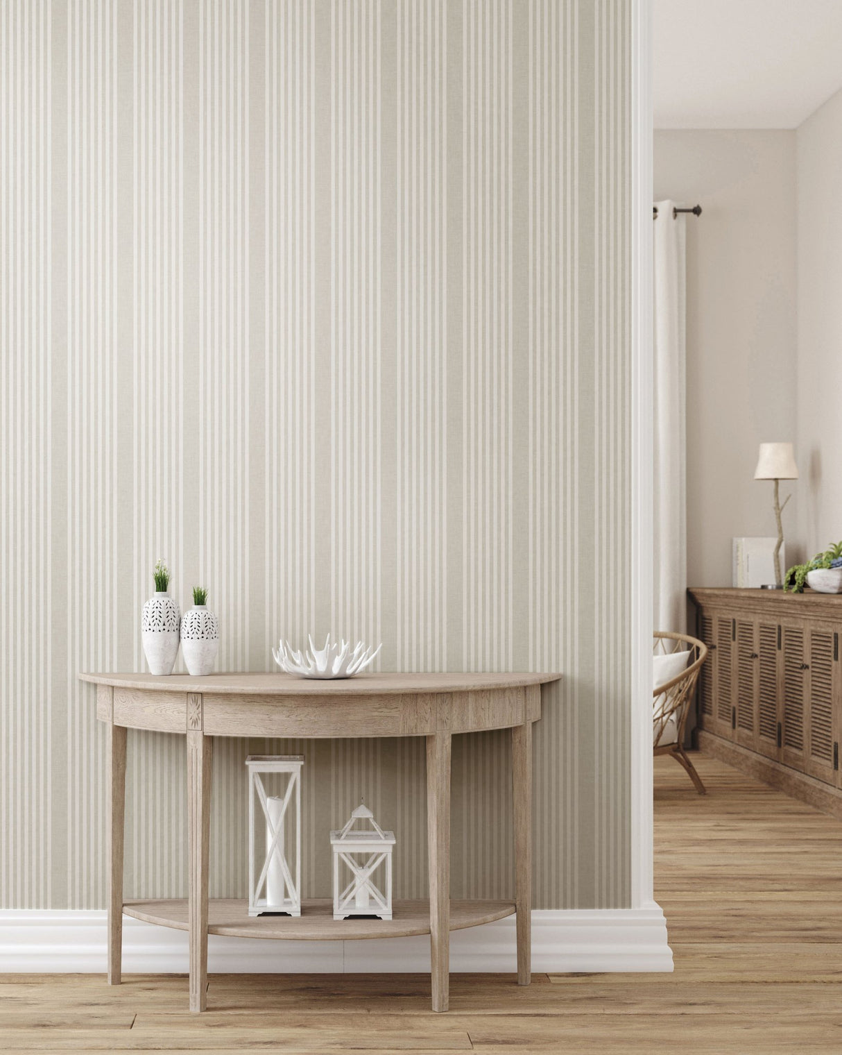 French Linen Stripe Off White Peel & Stick Wallpaper with Coastal Linen Stripe Pattern - York PSW1134RL