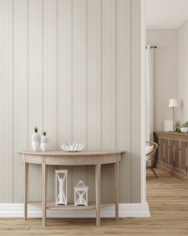French Linen Stripe Off White Peel & Stick Wallpaper with Coastal Linen Stripe Pattern - York PSW1134RL