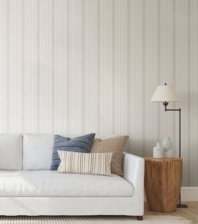 French Linen Stripe Off White Peel & Stick Wallpaper with Coastal Linen Stripe Pattern - York PSW1134RL