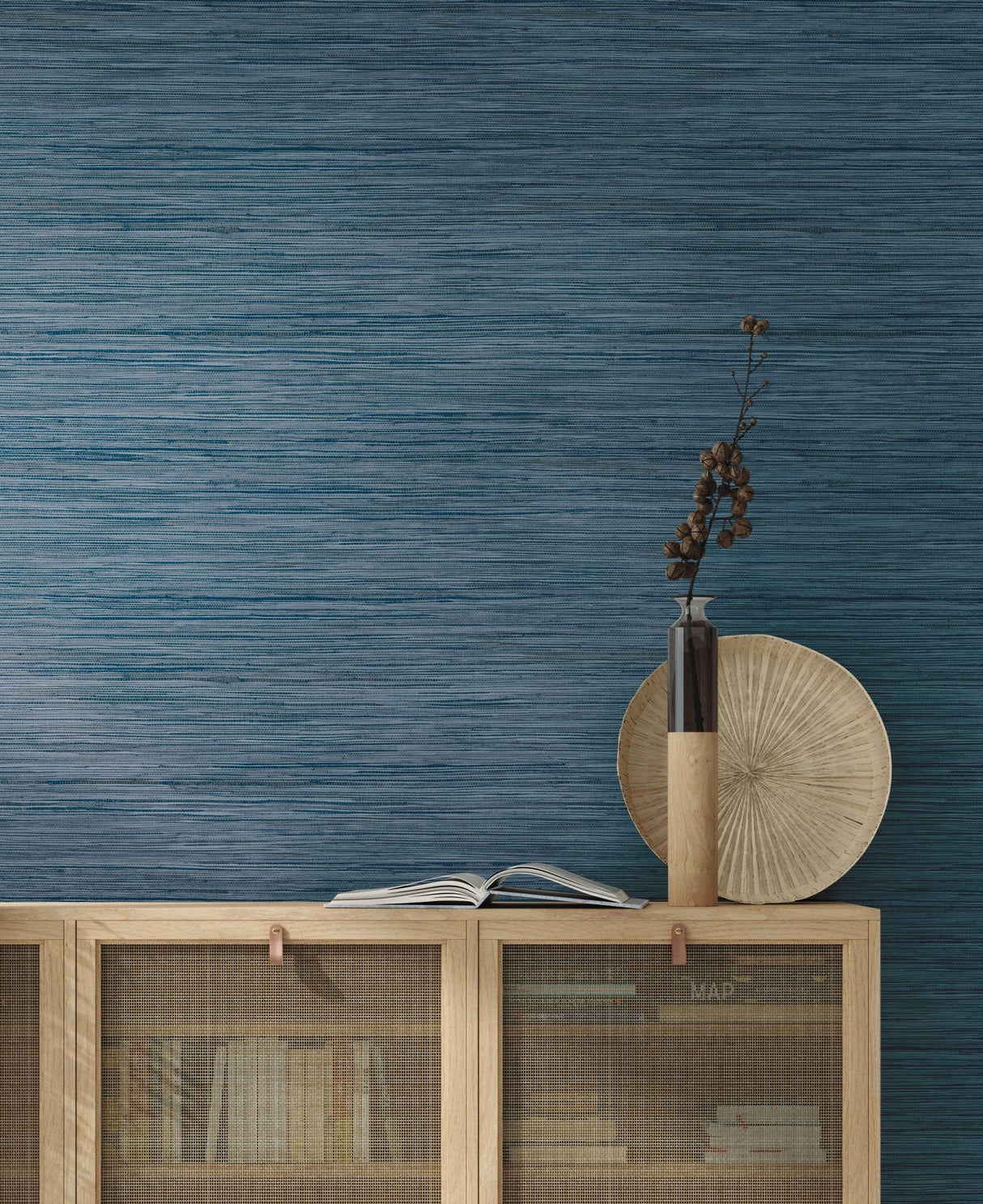 Bahia Grass Navy Peel & Stick Wallpaper with Faux Grasscloth Weave - York PSW1136RL