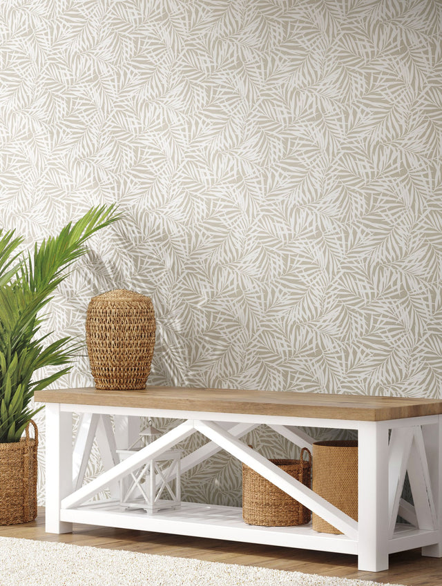 Oahu Fronds Off White Peel & Stick Wallpaper with Botanical Palm Frond Pattern - York PSW1147RL