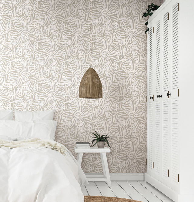 Oahu Fronds Off White Peel & Stick Wallpaper with Botanical Palm Frond Pattern - York PSW1147RL