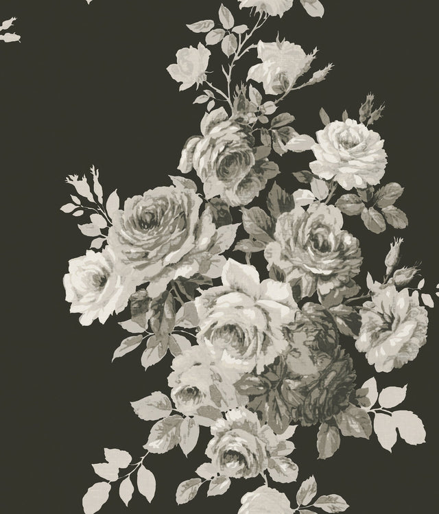 Magnolia Home Tea Rose Black & White Peel & Stick Wallpaper with Floral Rose Motif - York PSW1156RL